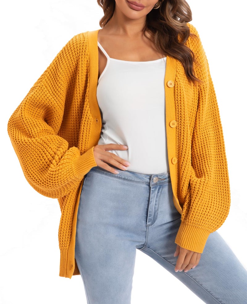 QUALFORT Women's Mustard Cardigan Sweaters for Women 100% Cotton Button-Down Long Sleeve Oversized Knit Outerwear Mustard X-Large - Image 1